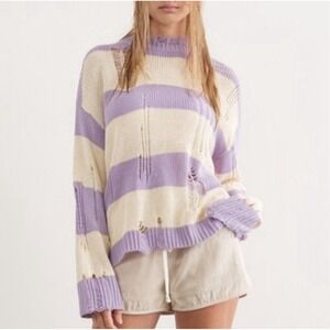 PAPER MOON Womens Purple Ivory Distressed Knit Crew neck Sweater Oversized Sz‎ S